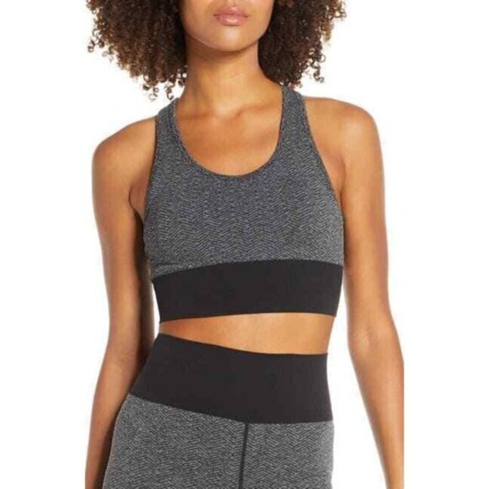 Zella Sports Bra Longline Racerback Sports Bra Black Herringbone SZ M NWT